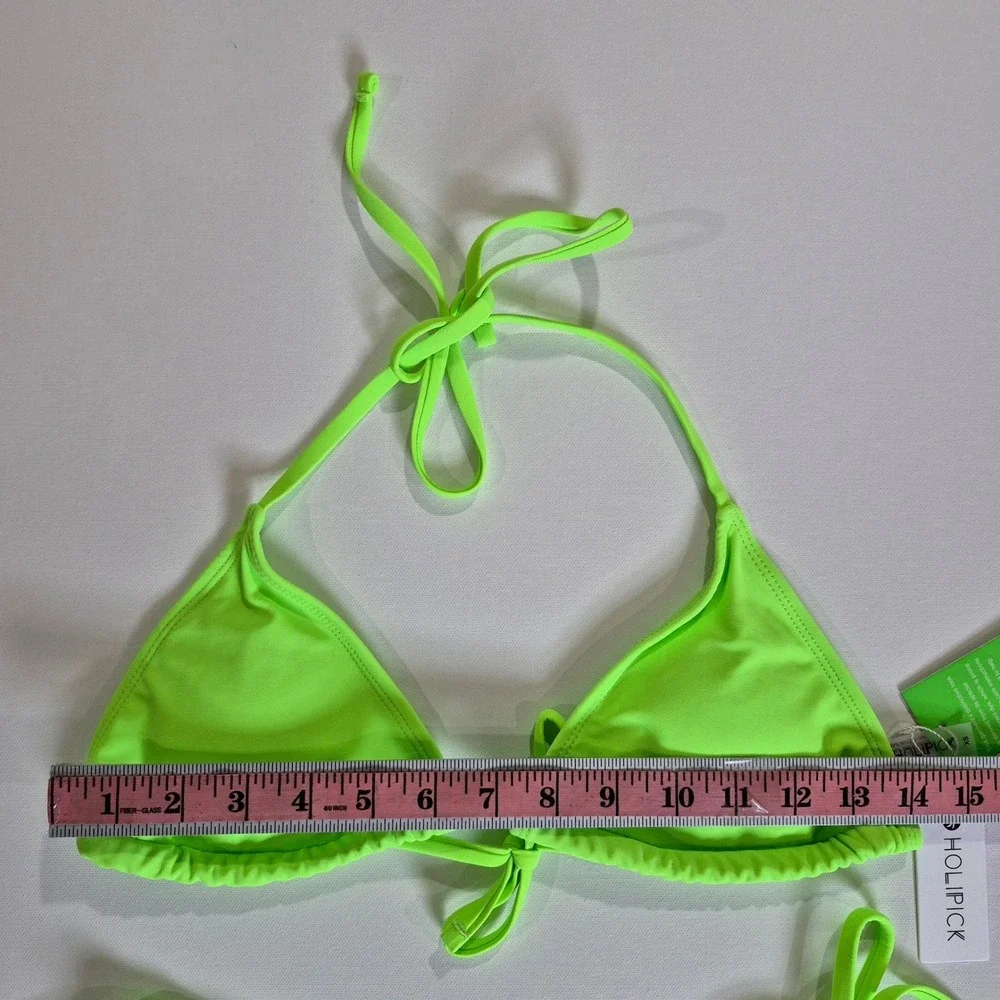 Holipick Womens Neon Lime Green‎ Triangle Side Tie Bikini Swimsuit Set XS NWT